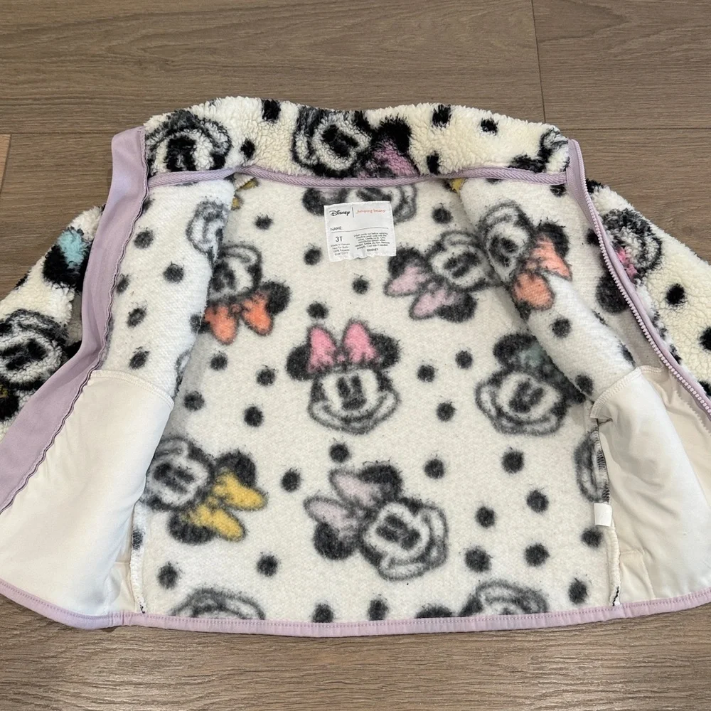 DISNEY Jumping Beans Cream Purple Minnie Mouse Sherpa Full Zip Cozy Jacket Sz 3T